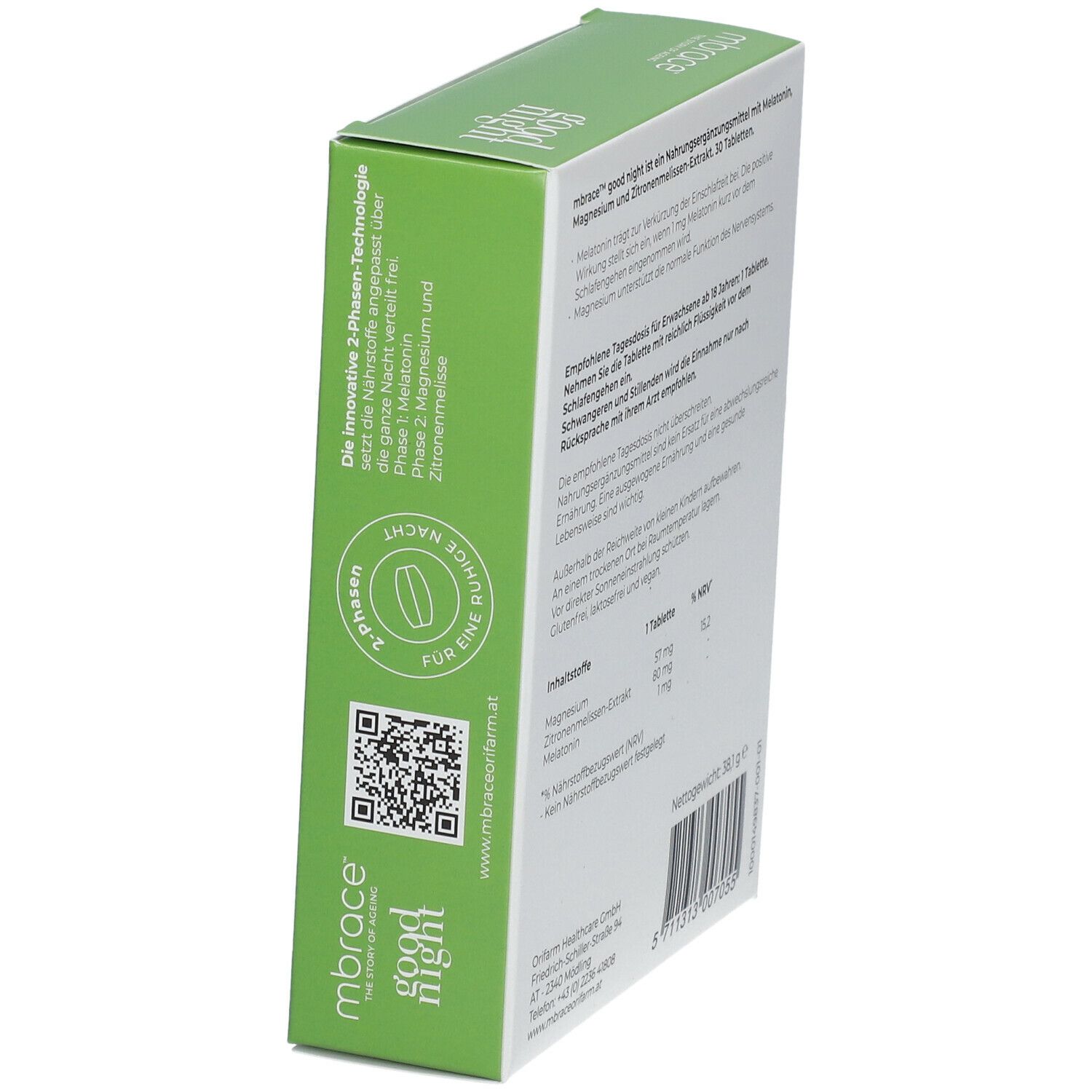 Seitenansicht der Schachtel "mbrace good night". Text über die 2-Phasen-Technologie und QR-Code. Marke: mbrace.