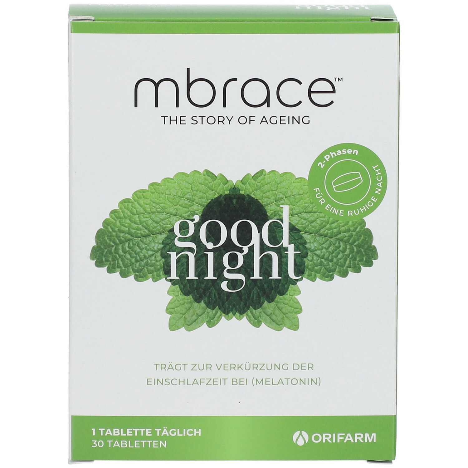 Vorderansicht der Schachtel "mbrace good night". Logo, Produktname und Blätter-Design. 30 Tabletten.