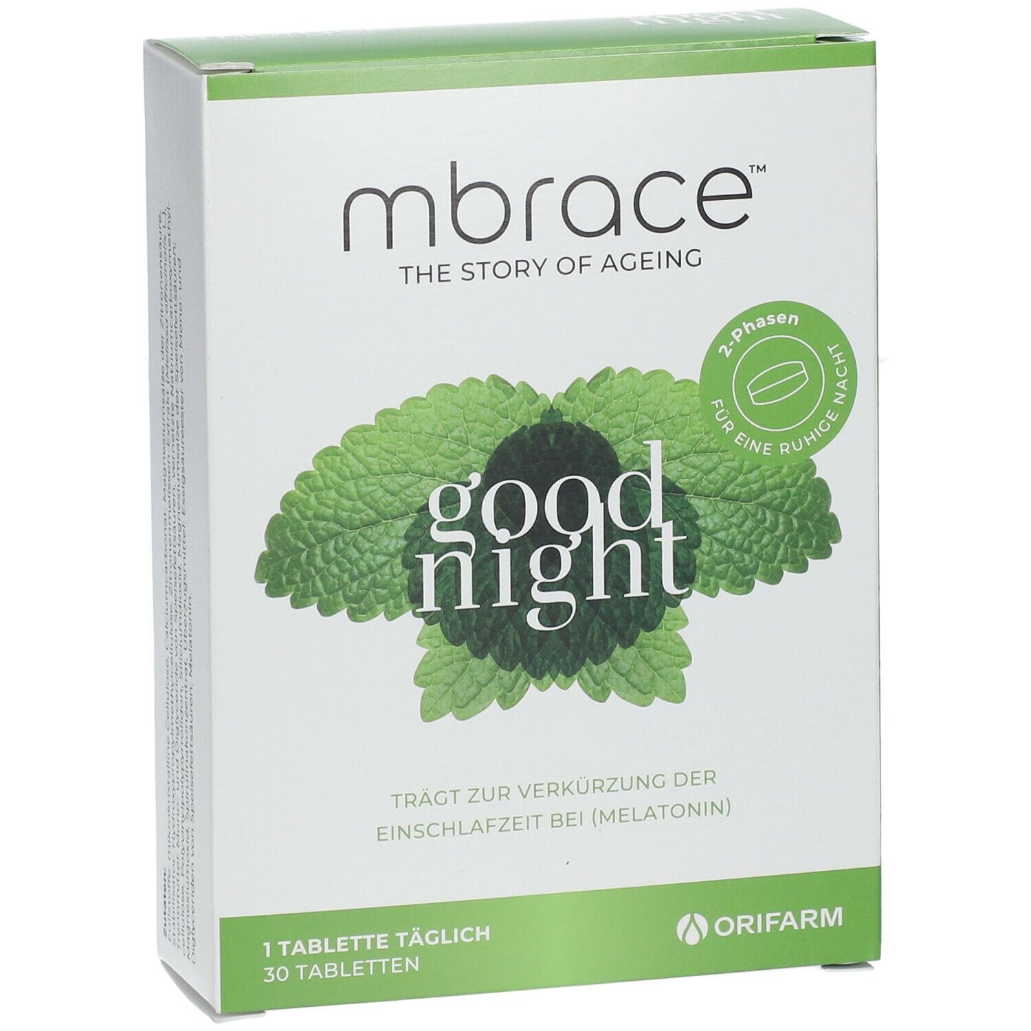 Vorderansicht der Schachtel "mbrace good night". Logo, Produktname und Blätter-Design. 30 Tabletten.