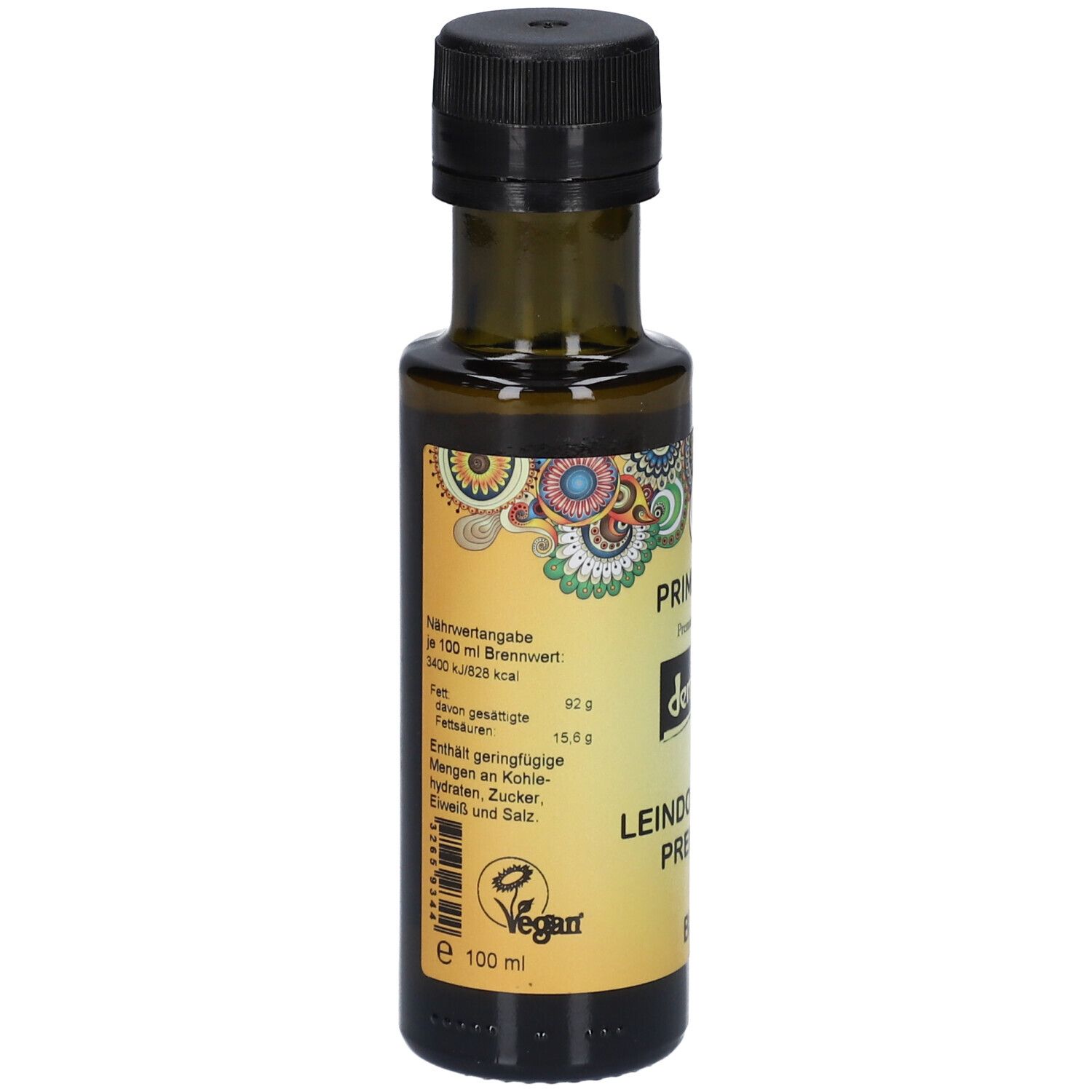 Braune Glasflasche mit schwarzem Deckel. Etikett mit Nährwertangaben, PRIMABENE, Leindotteröl PREMIUM, Vegan-Logo.
