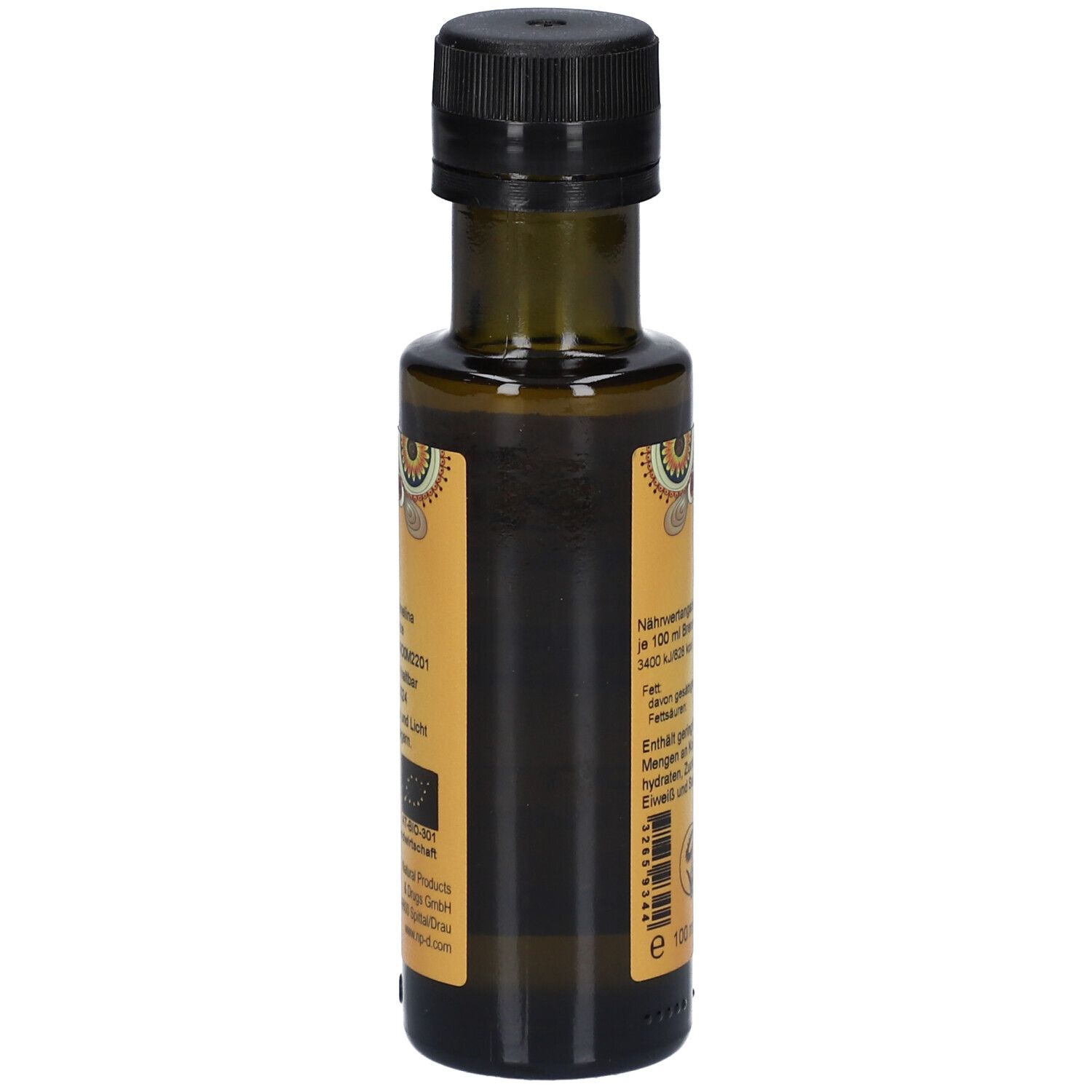 Braune Glasflasche mit schwarzem Deckel. Etikett mit Nährwertangaben und Text.