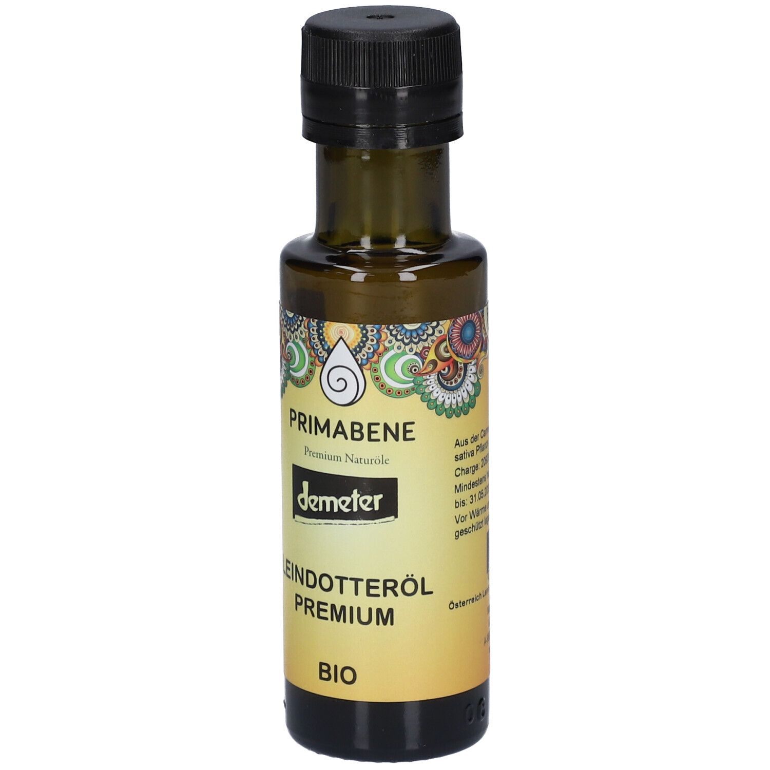 Braune Glasflasche mit schwarzem Deckel. Etikett mit PRIMABENE, Leindotteröl PREMIUM, BIO und Demeter-Logo.