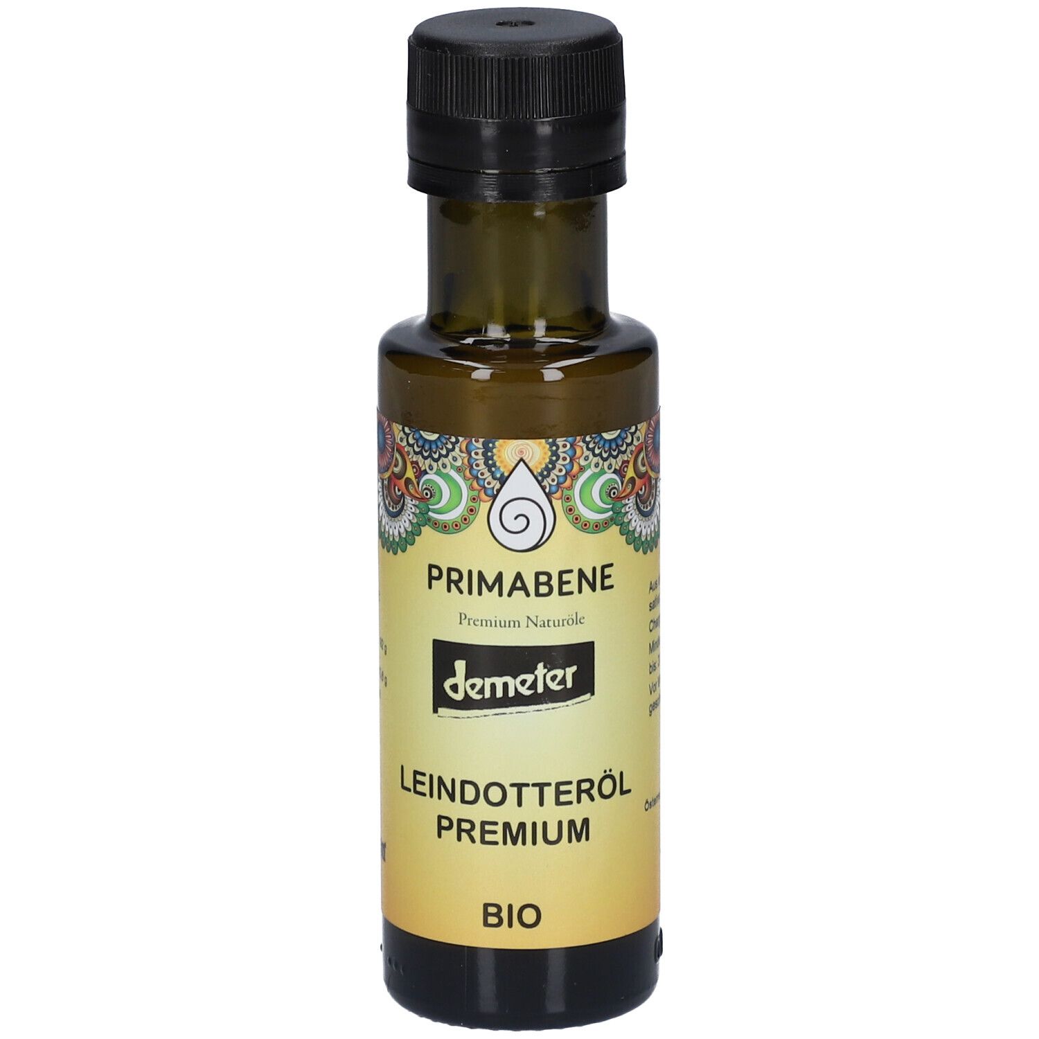 Braune Glasflasche mit schwarzem Deckel. Etikett mit PRIMABENE, Leindotteröl PREMIUM, BIO und Demeter-Logo.