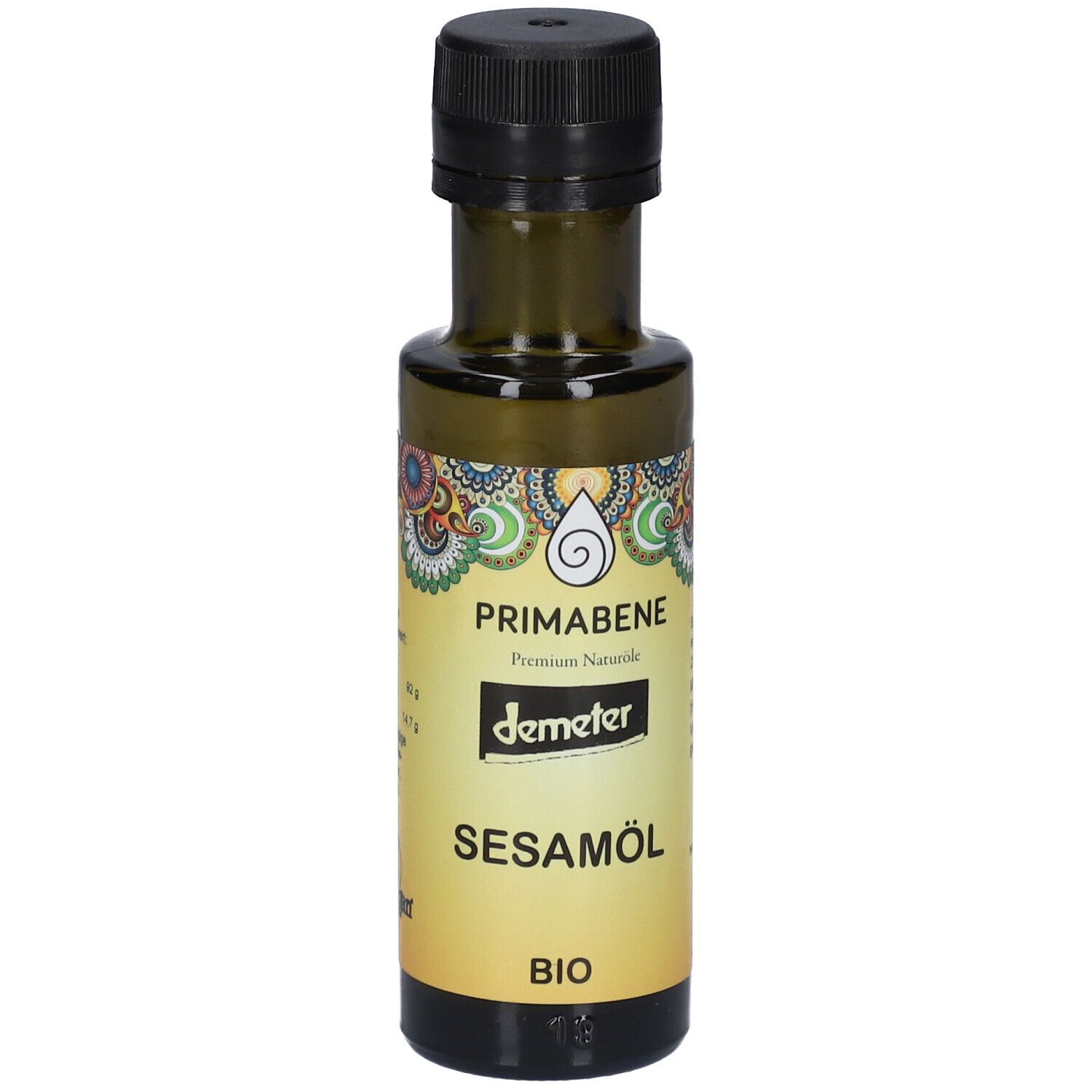 Grüne Glasflasche mit schwarzem Deckel. Etikett mit PRIMABENE, demeter, Sesamöl und BIO-Logo.
