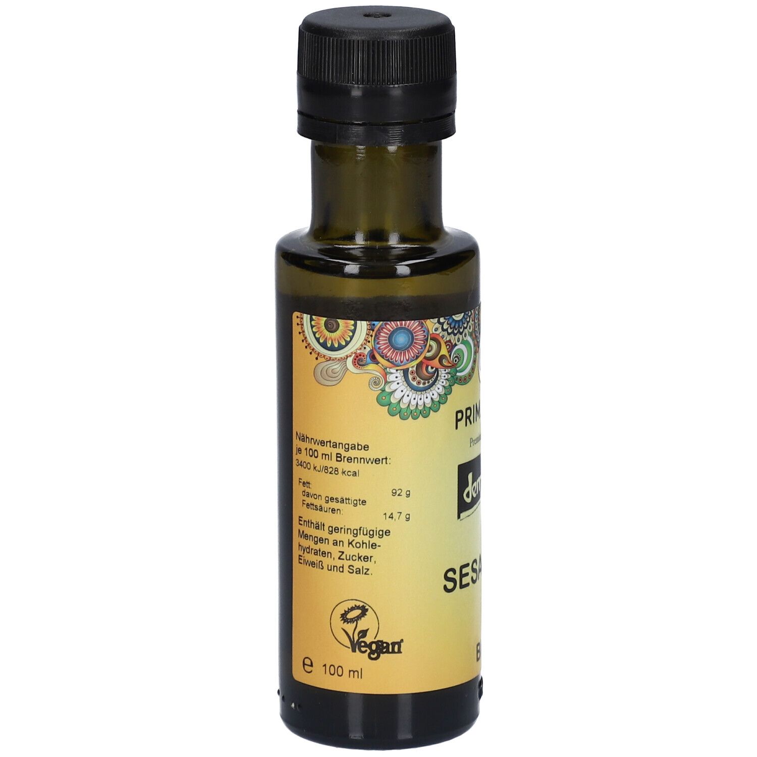 Grüne Glasflasche mit schwarzem Deckel. Etikett mit Nährwertangaben, PRIMABENE, demeter, Sesamöl und Vegan-Logo.