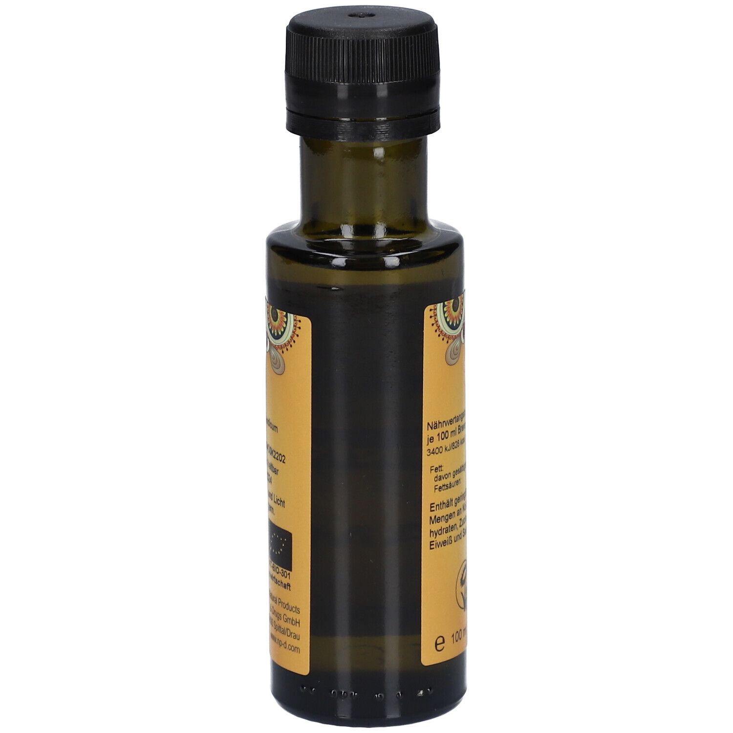 Rückseite einer grünen Glasflasche mit schwarzem Deckel. Etikett mit Informationen und demeter-Logo.