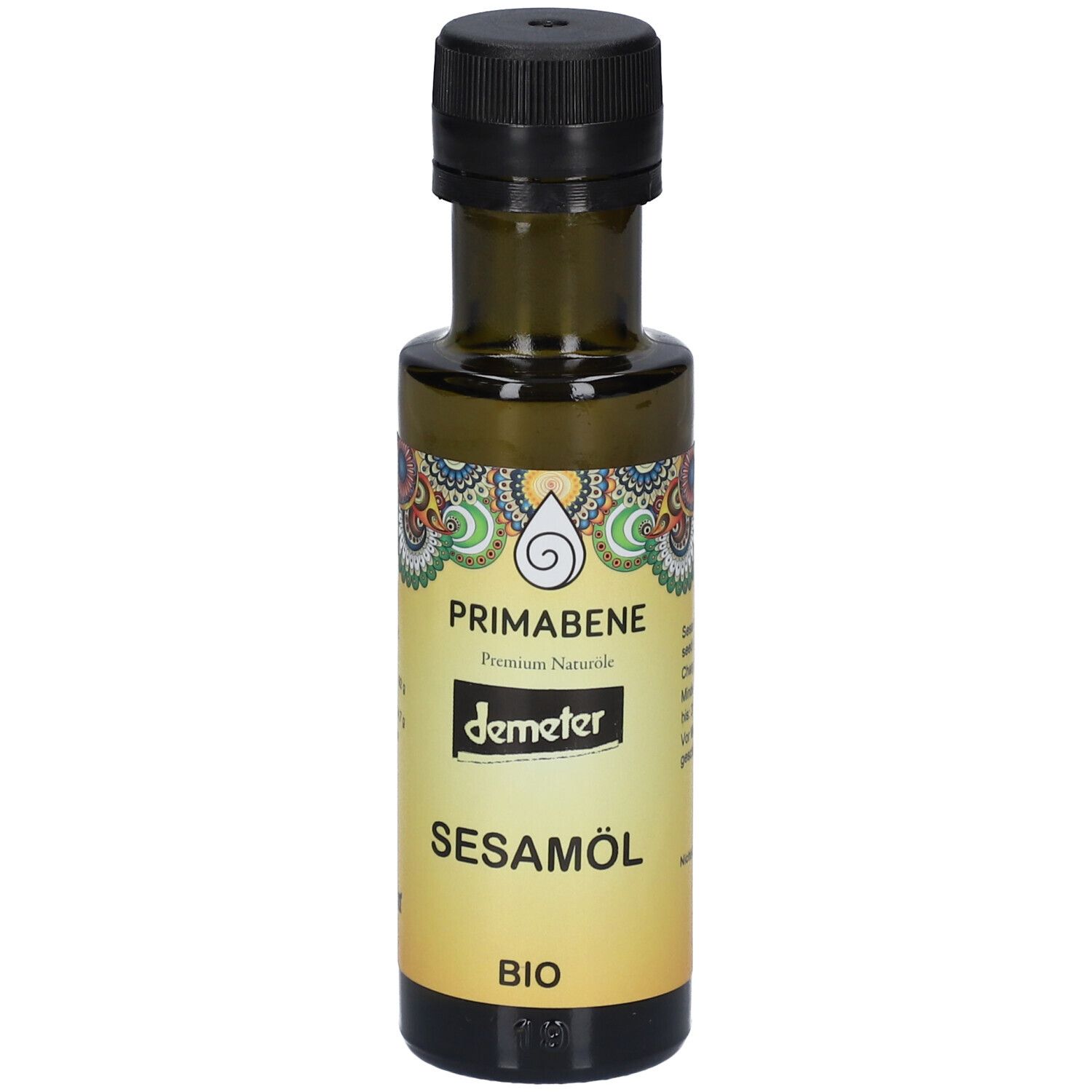 Grüne Glasflasche mit schwarzem Deckel. Etikett mit PRIMABENE, demeter, Sesamöl und BIO-Logo.