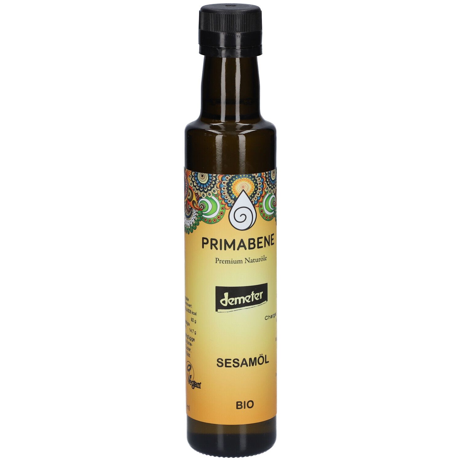 Braune Glasflasche mit schwarzem Deckel. Etikett mit "PRIMABENE Sesamöl BIO" und Demeter-Logo.