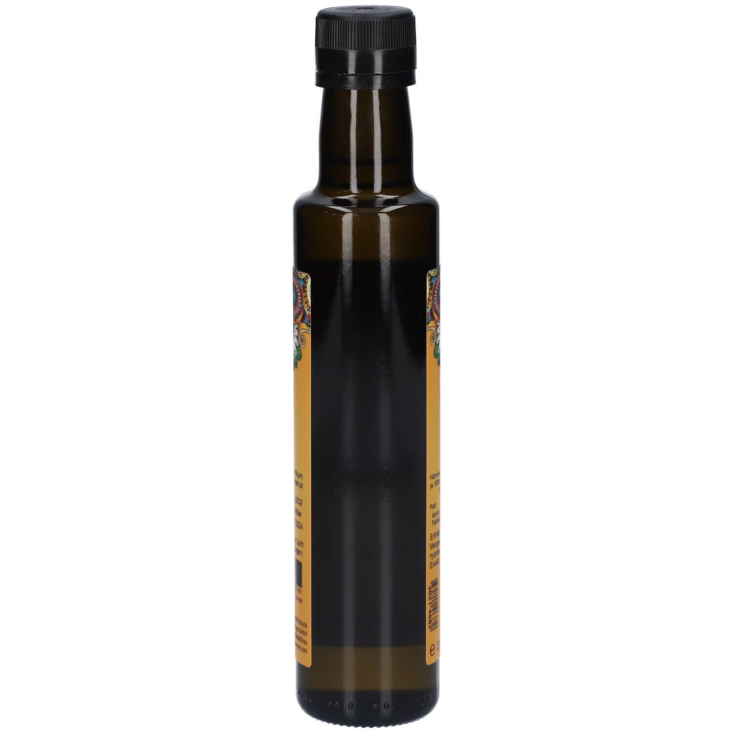 Braune Glasflasche mit schwarzem Deckel. Etikett teilweise sichtbar. Keine weiteren Details erkennbar.