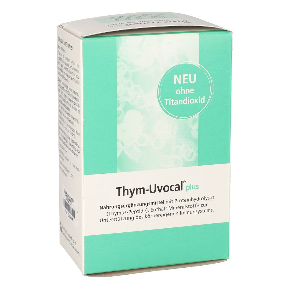 Grüne Schachtel Thym-Uvocal plus. Text: Nahrungsergänzungsmittel. Auf der Seite Text und Barcode.