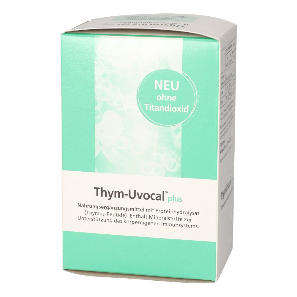 Grüne Schachtel Thym-Uvocal plus. Aufschrift: Neu ohne Titandioxid. Nahrungsergänzungsmittel.