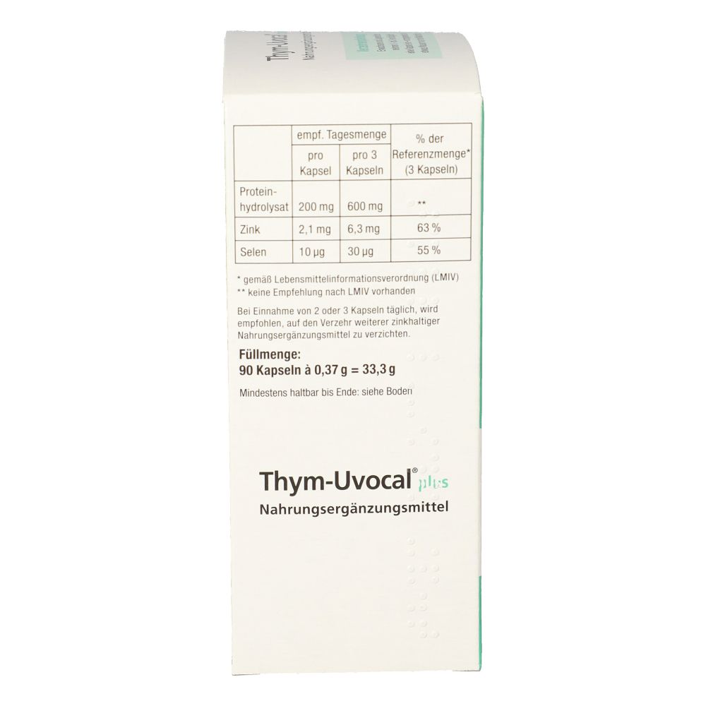 Weiße Seite der Schachtel. Tabelle mit Nährwertangaben für Thym-Uvocal plus. Text: Füllmenge 90 Kapseln.