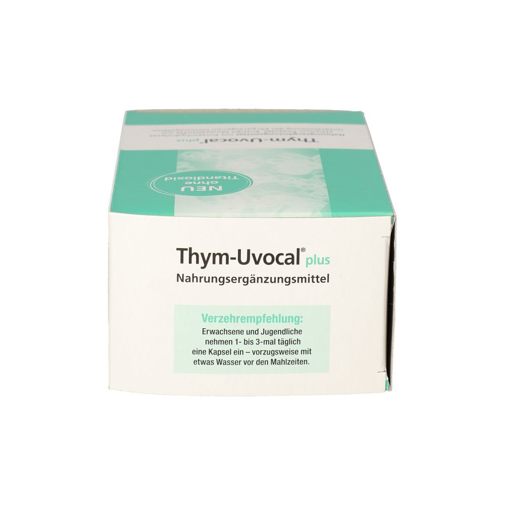 Schachtel Thym-Uvocal plus. Text: Nahrungsergänzungsmittel. Verzehrempfehlung. Aufschrift.