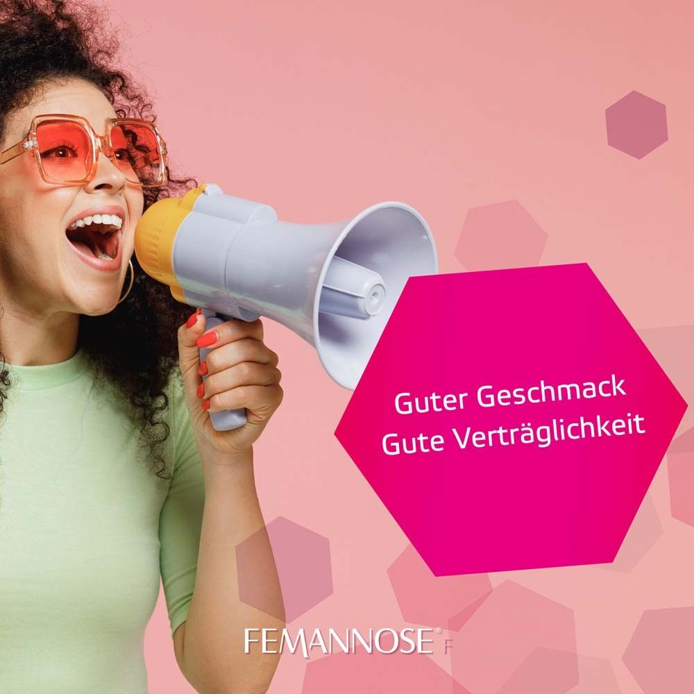 Frau mit Megaphon. Text: Guter Geschmack, Gute Verträglichkeit. FEMANNOSE® F Logo.