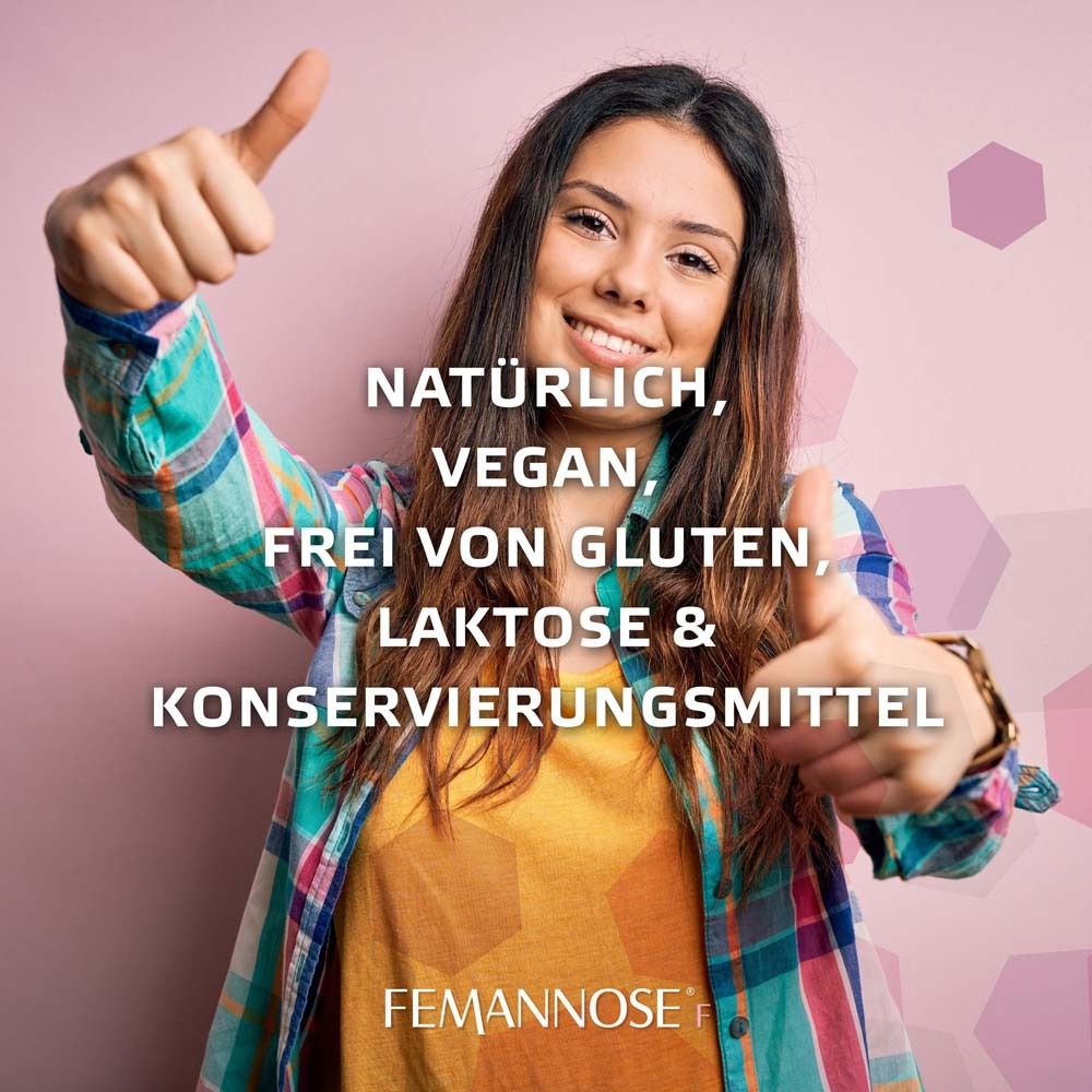 Frau mit Daumen hoch. Text: Natürlich, vegan, frei von Gluten, Laktose & Konservierungsmitteln. FEMANNOSE® F Logo.