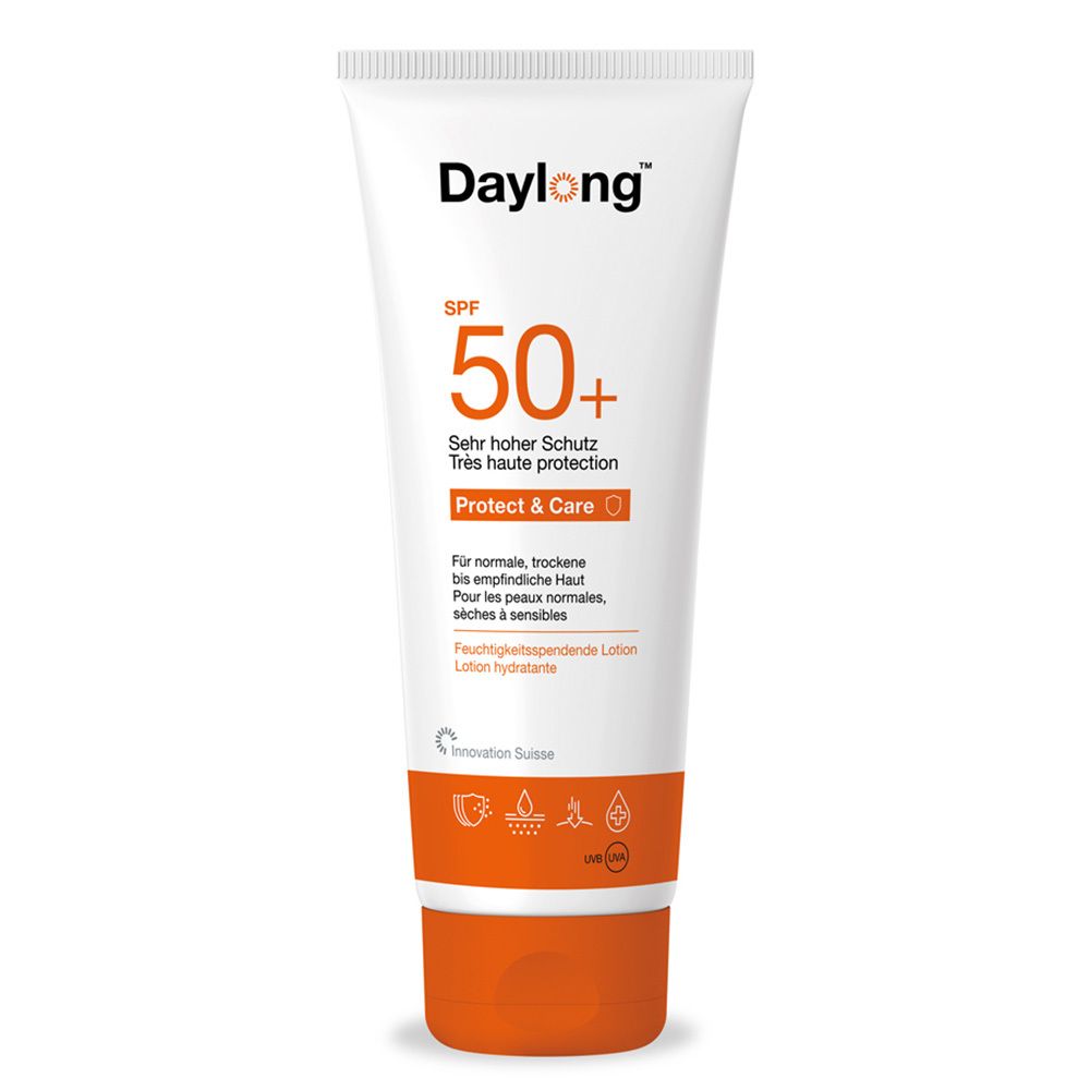 Weiße Tube mit orangefarbenem Deckel. Aufschrift: Daylong, SPF 50+, Protect & Care. Lotion für empfindliche Haut.