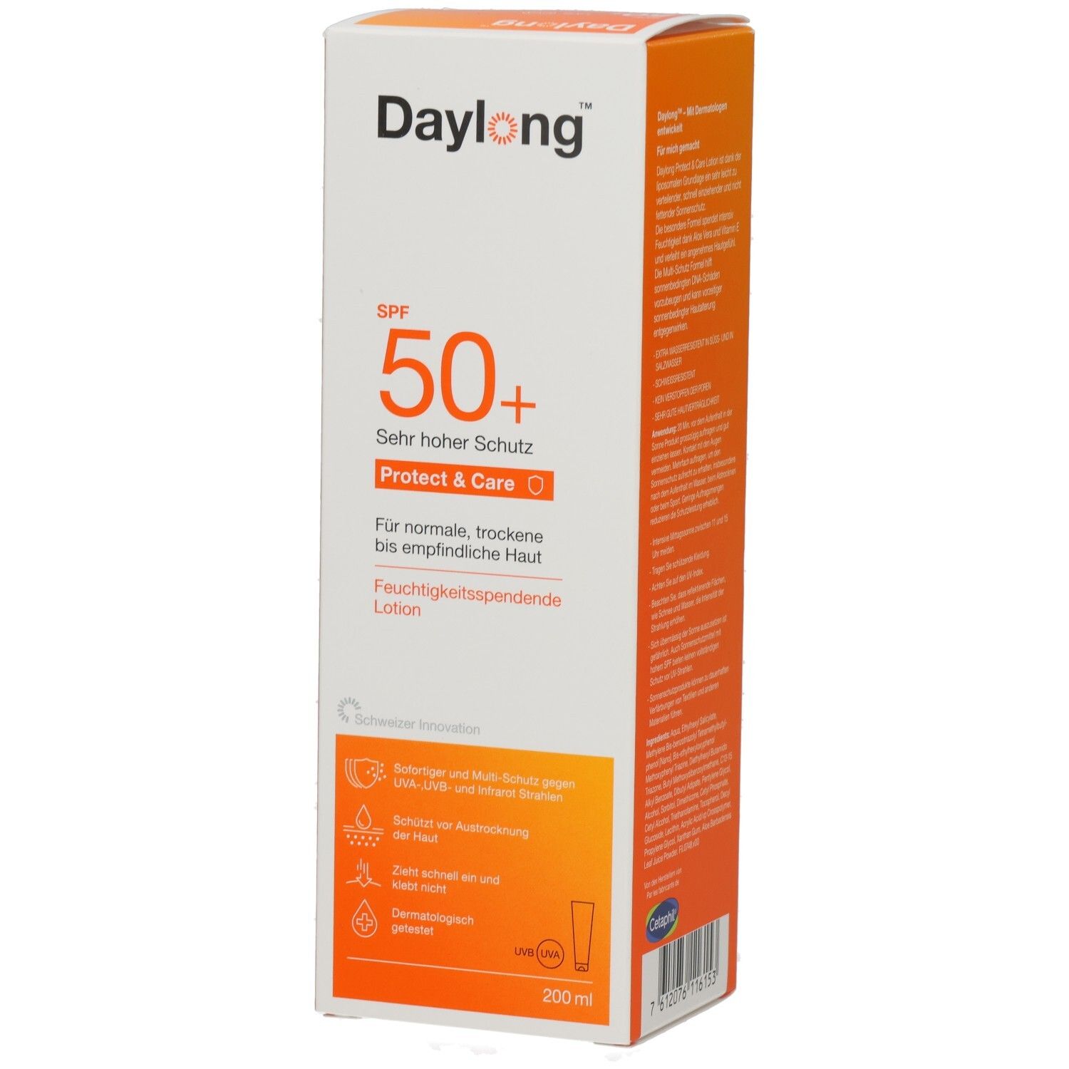 Daylong Protect & Care Lotion SPF50+ Verpackung. Weiß, orangefarben. Text: SPF 50+, sehr hoher Schutz, für normale, trockene bis empfindliche Haut.