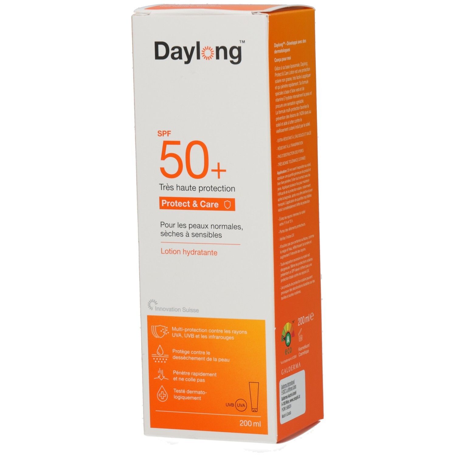Daylong Protect & Care Lotion SPF50+ Verpackung. Vorderseite mit Text. Text: SPF 50+, sehr hoher Schutz, für normale, trockene bis empfindliche Haut.