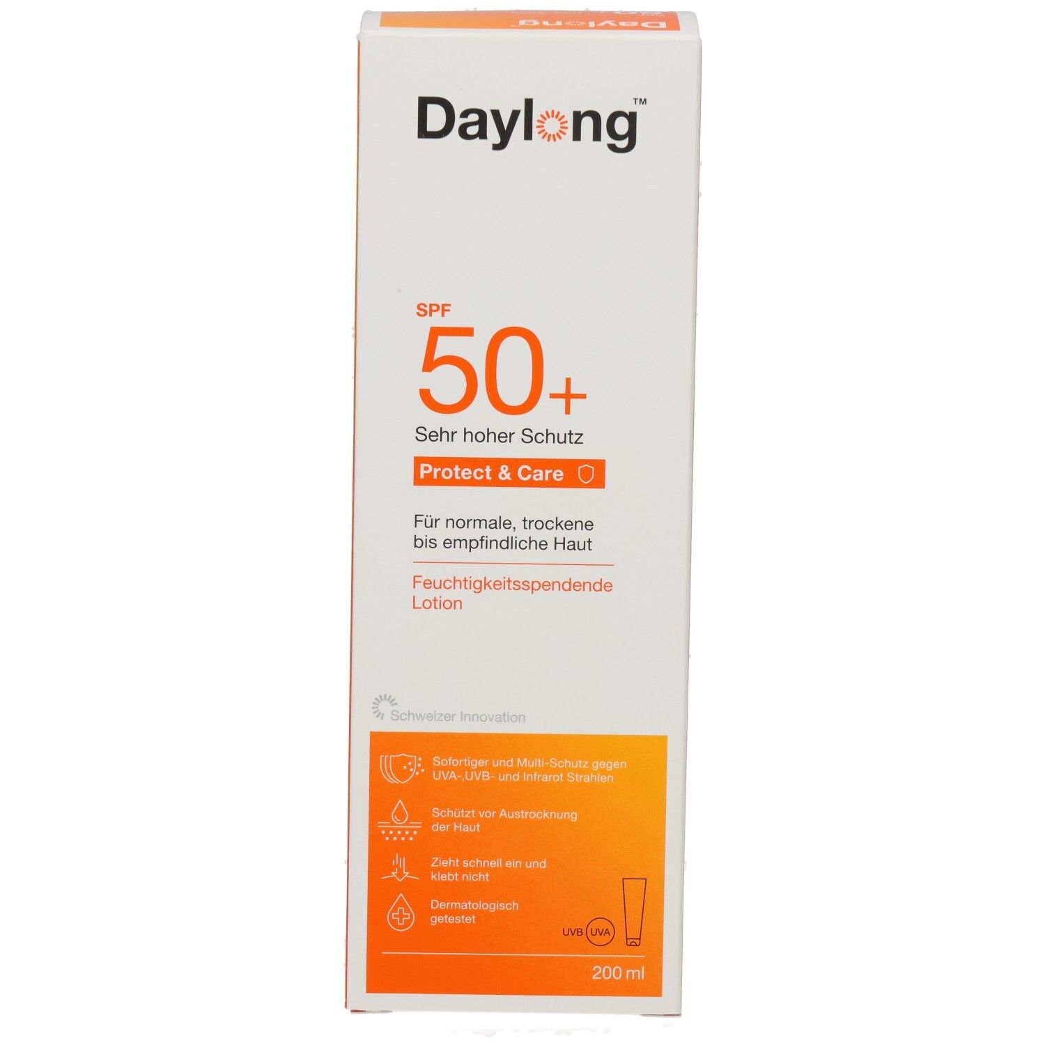 Daylong Protect & Care Lotion SPF50+ Verpackung. Vorderseite mit Text. Text: SPF 50+, sehr hoher Schutz, für normale, trockene bis empfindliche Haut.