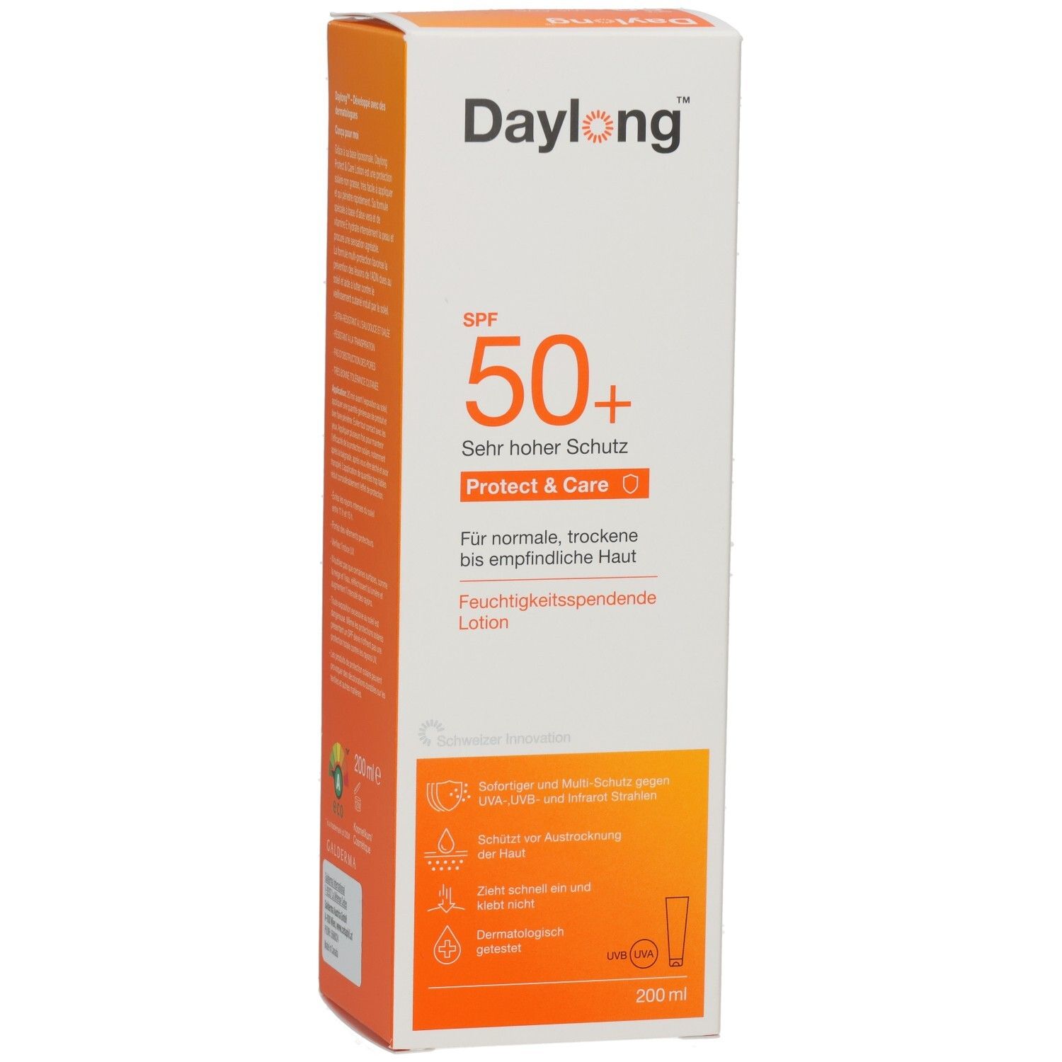 Daylong Protect & Care Lotion SPF50+ Verpackung. Vorderseite mit Text. Text: SPF 50+, sehr hoher Schutz, für normale, trockene bis empfindliche Haut.