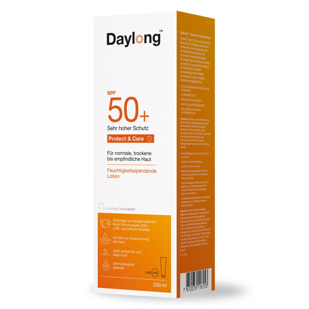 Kartonverpackung. Aufschrift: Daylong, SPF 50+, Protect & Care. Für normale, trockene bis empfindliche Haut. 200ml.