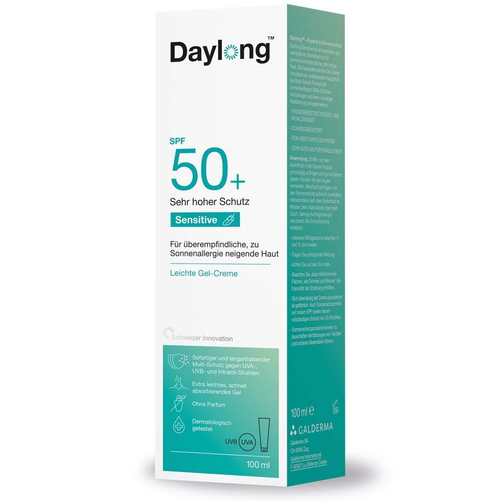Verpackung mit Daylong, SPF 50+, Sensitive. Text und Icons. 100 ml. Ecke der Verpackung.