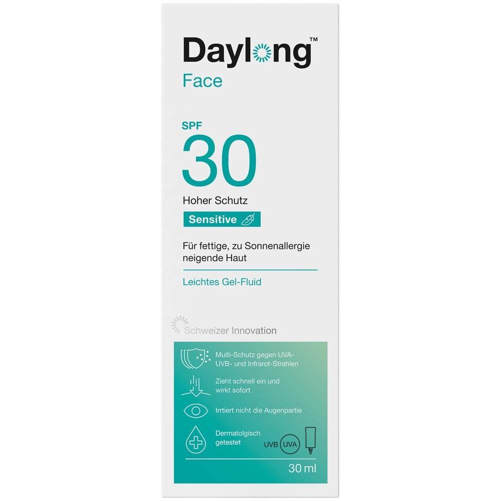 Weiße Faltschachtel mit Daylong Face SPF 30. Text: Hoher Schutz, Sensitive. Leichte Gel-Fluid. Schweizer Innovation. 30 ml.