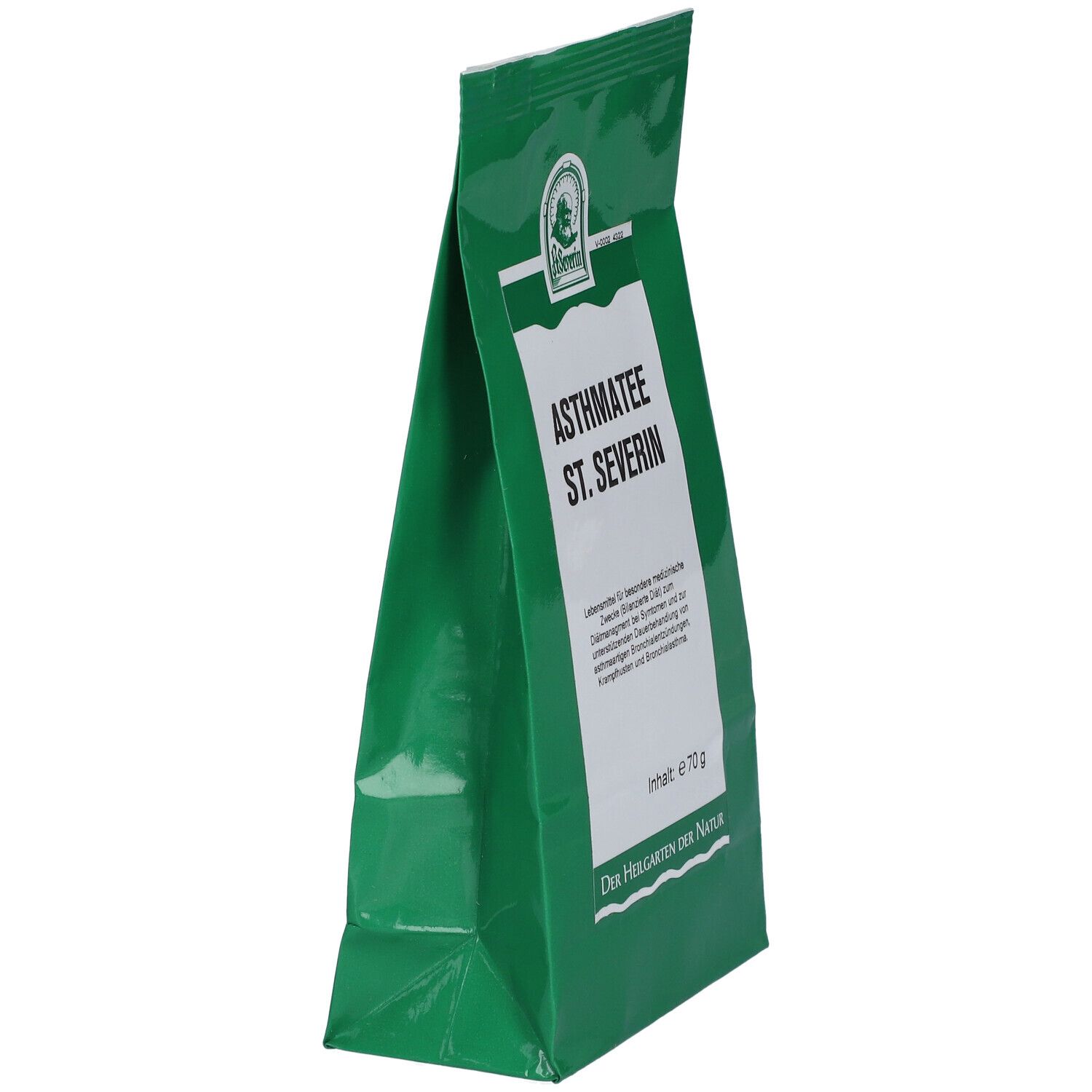 Seitenansicht einer grünen Verpackung mit weißem Etikett "ASTHMATEE ST. SEVERIN".