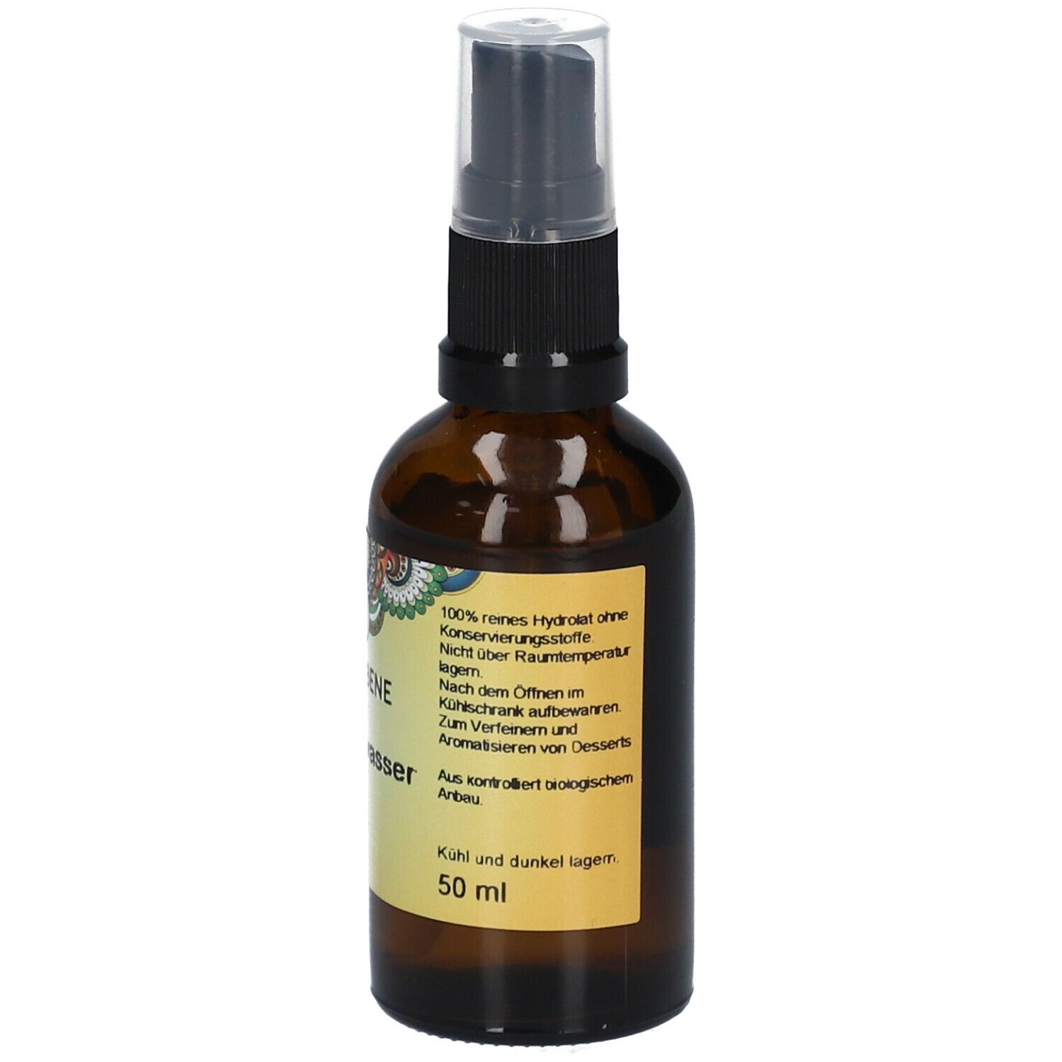 Braune Glasflasche mit Sprühkopf. Aufschrift: PRIMABENE Manukawasser BIO. Etikett mit Text und 50 ml.