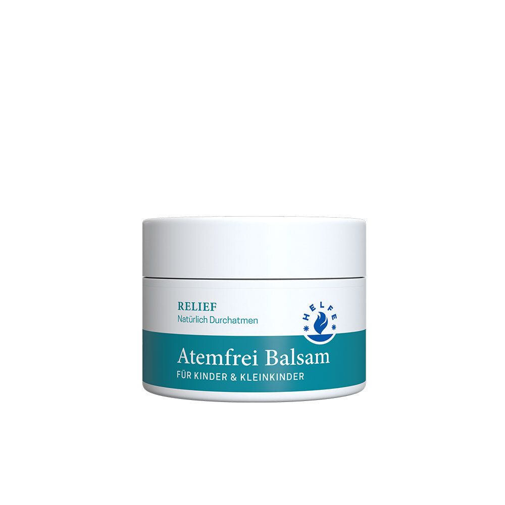 Weißer Tiegel mit blauem Band. Aufschrift: RELIEF, Atemfrei Balsam, für Kinder & Kleinkinder. HELFE Logo.