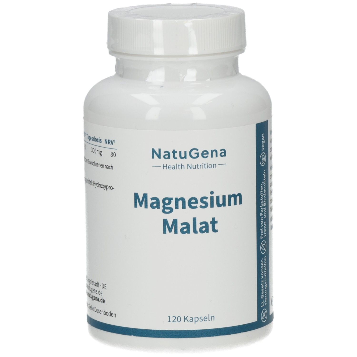 Weiße Flasche mit blauem Etikett. Aufschrift: NatuGena Magnesium Malat, 120 Kapseln. Vegan-Siegel.