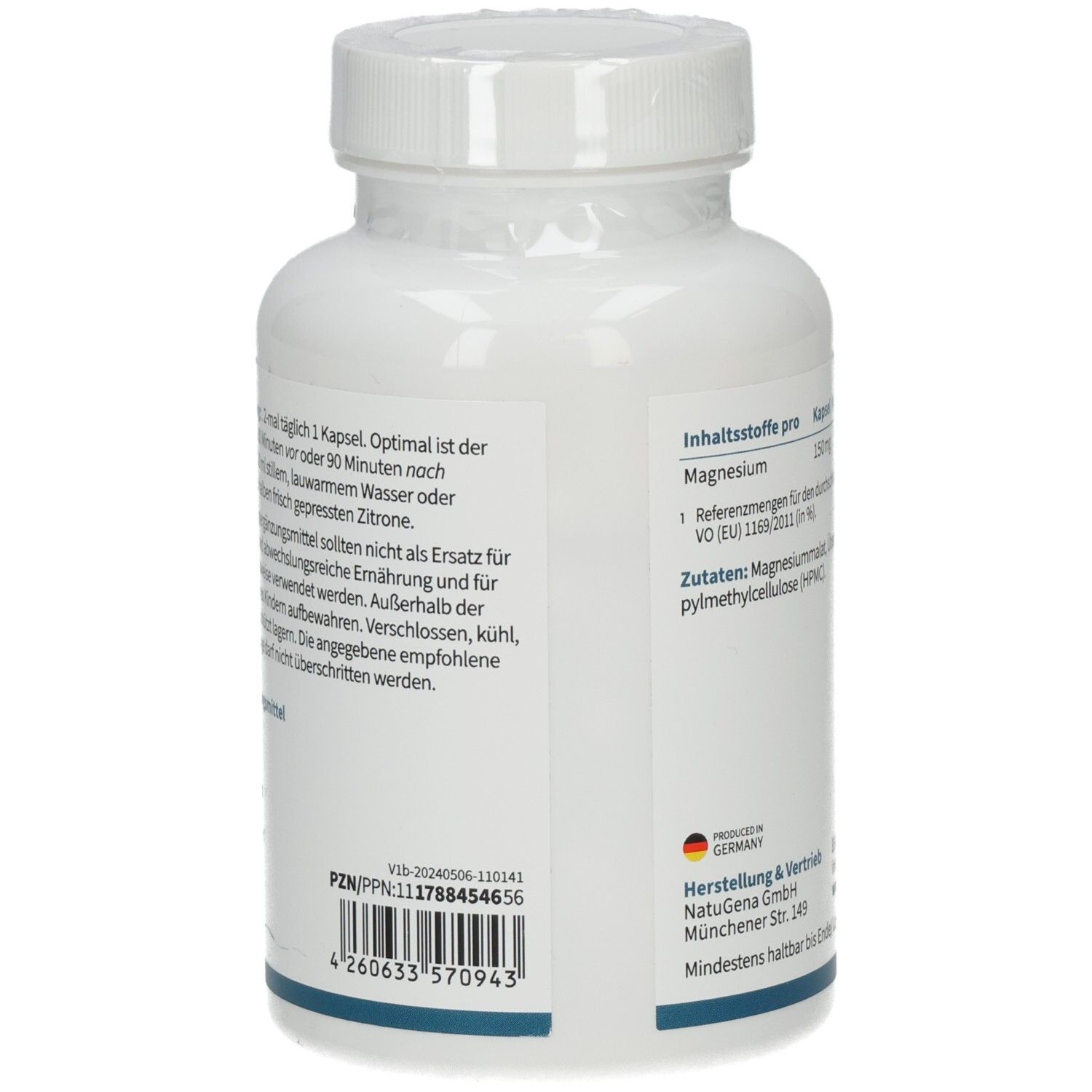 Rückseite der weißen Flasche. Enthält Informationen zur Anwendung und Warnhinweise. PZN/PPN-Nummer.