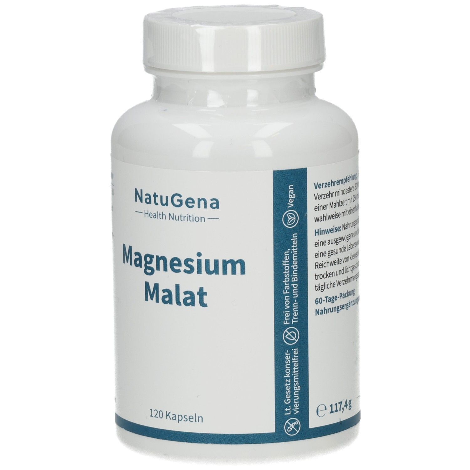 Weiße Flasche mit blauem Etikett. Aufschrift: NatuGena Magnesium Malat, 120 Kapseln. Vegan-Siegel.