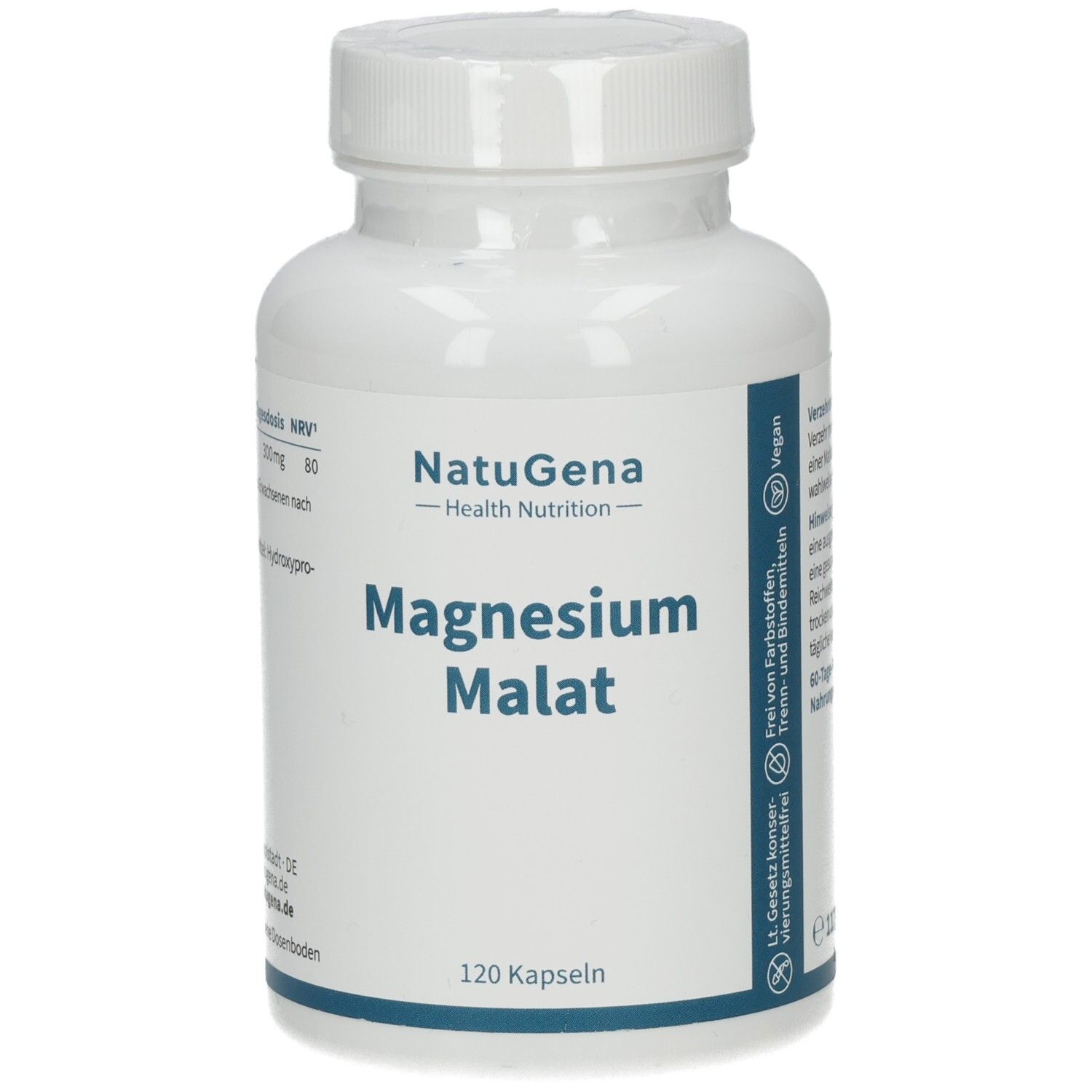 Weiße Flasche mit blauem Etikett. Aufschrift: NatuGena Magnesium Malat, 120 Kapseln. Vegan-Siegel.