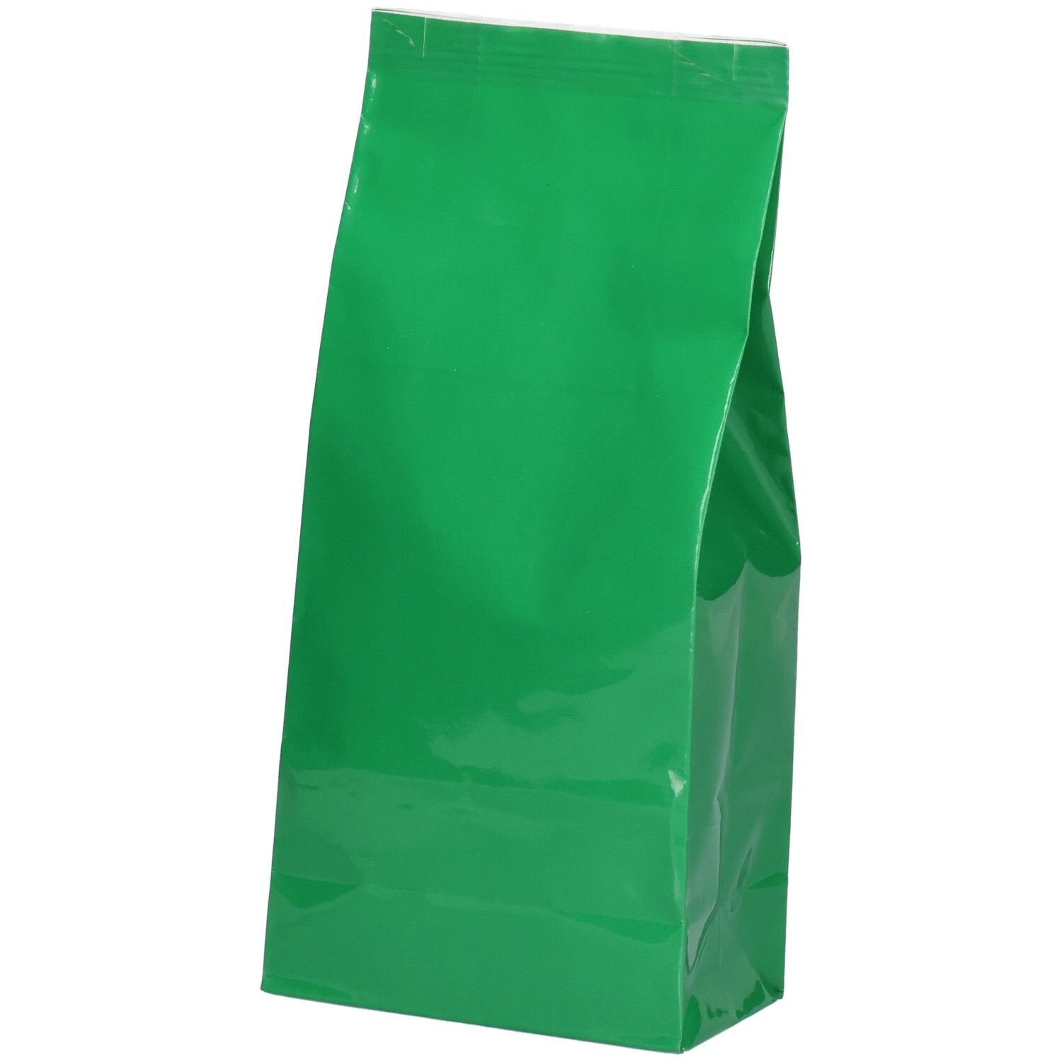 Grüner Beutel, glänzend. Keine Beschriftung sichtbar.
