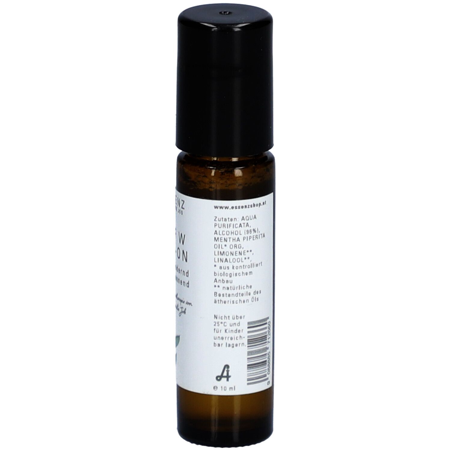 Braune Glasflasche mit schwarzem Deckel. Aufkleber mit Inhaltsstoffen und Logo. "Kopf W Roll-On".