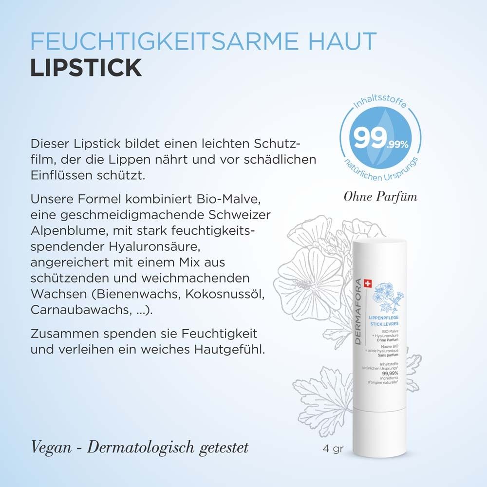 Produktabbildung: Lippenpflegestift. Text: Feuchtigkeitsarme Haut, Ohne Parfum, Vegan, Dermatologisch getestet. 4 gr.