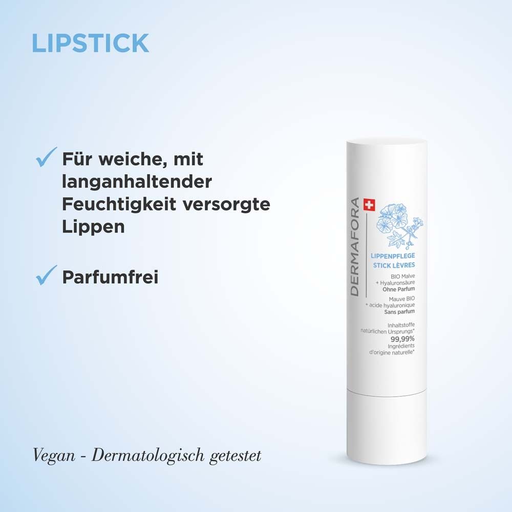 Weißer Lippenpflegestift. Text: Für weiche Lippen, parfumfrei, Vegan, dermatologisch getestet. DERMAFORA.
