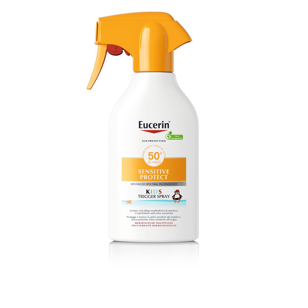 Eucerin Sun Kids Sensitive Protect Trigger Spray LSF 50+ in weißer Flasche mit orangefarbenem Sprühkopf.
