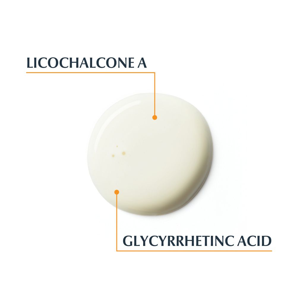 Tropfen einer weißen Lotion mit den Markierungen 'Licochalcone A' und 'Glycyrrhetinsäure'.