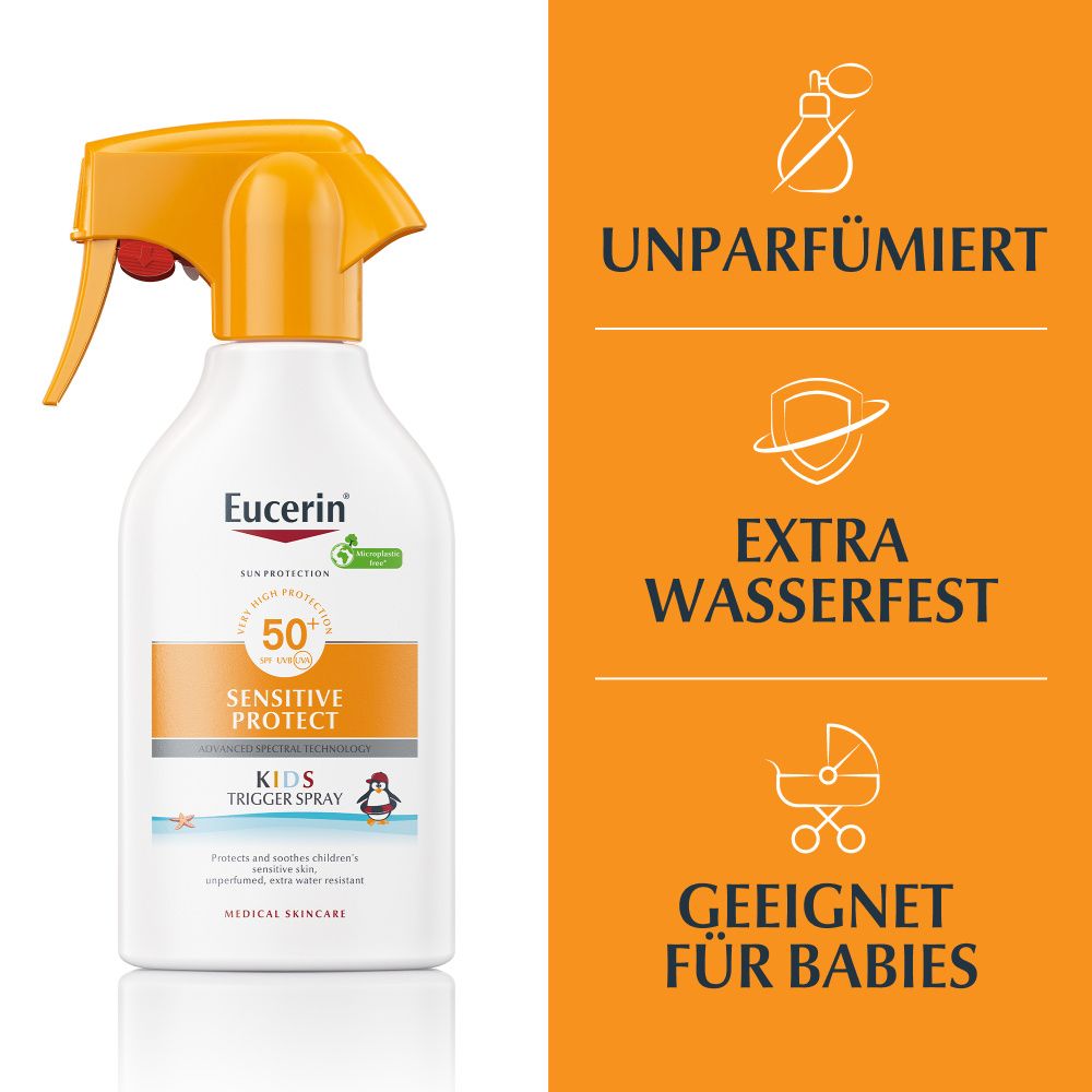 Eucerin Sun Kids Sensitive Protect Trigger Spray LSF 50+ mit Icons für 'Extra wasserfest' und 'Geeignet für Babys'.