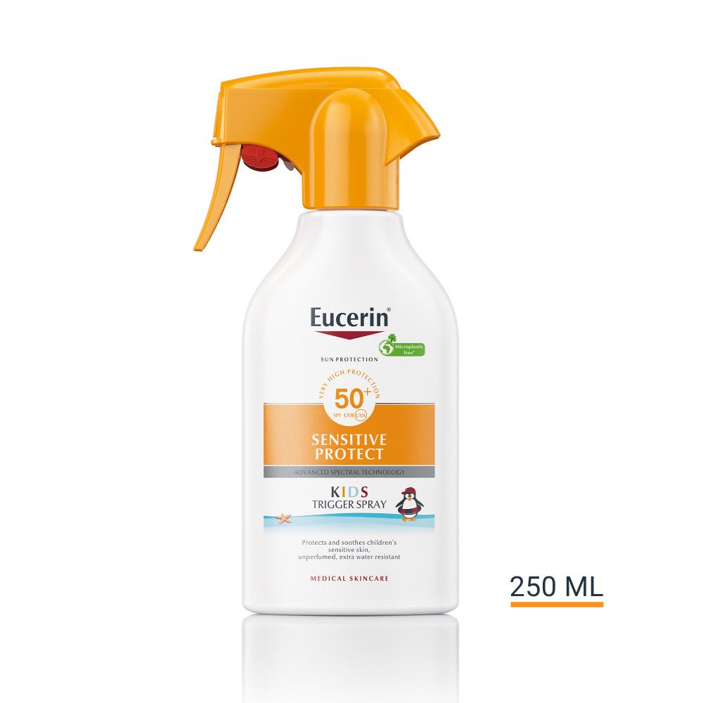 Eucerin Sun Kids Sensitive Protect Trigger Spray LSF 50+, 250 ml, in weißer Flasche mit orangefarbenem Sprühkopf.