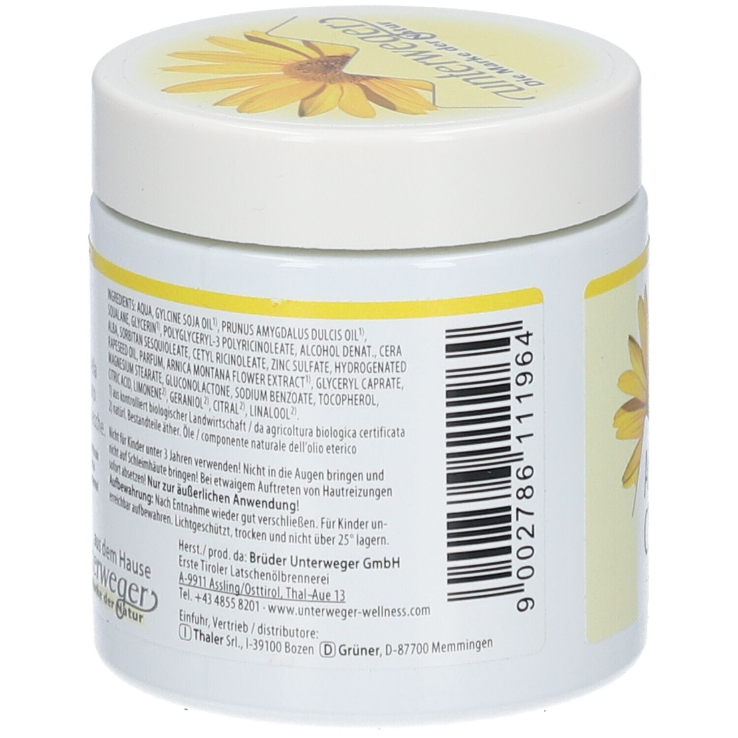 Weiße Dose mit gelbem Etikett. Aufschrift: ARNIACREME. Logo: gelbe Blume. Naturkosmetik. Vitalpinum-Logo.