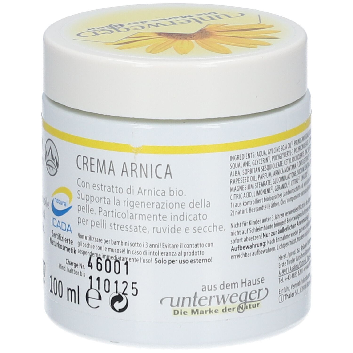 Weiße Dose mit gelbem Etikett. Aufschrift: CREMA ARNICA. Logo: gelbe Blume. 100 ml. Unterweger-Logo.
