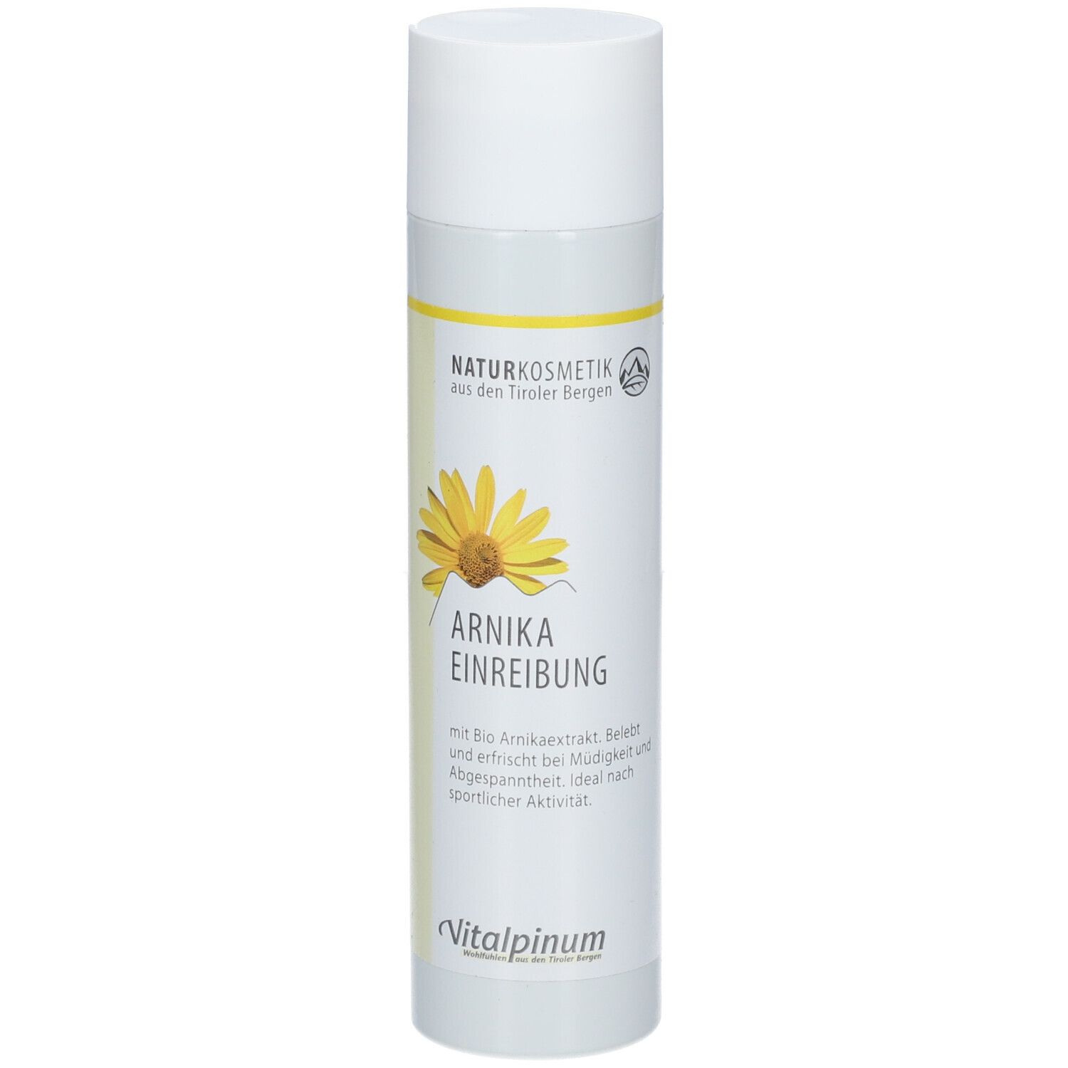 Zylindrische Flasche mit weißem Deckel. Gelbe Etiketten mit Text und Kamillenblüte. Vitalpinum-Logo.