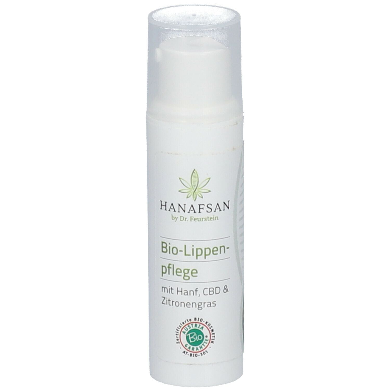 Weiße Flasche mit Klappdeckel. Aufschrift: HANAFSAN, Bio-Lippenpflege mit Hanf, CBD & Zitronengras. Bio-Siegel.