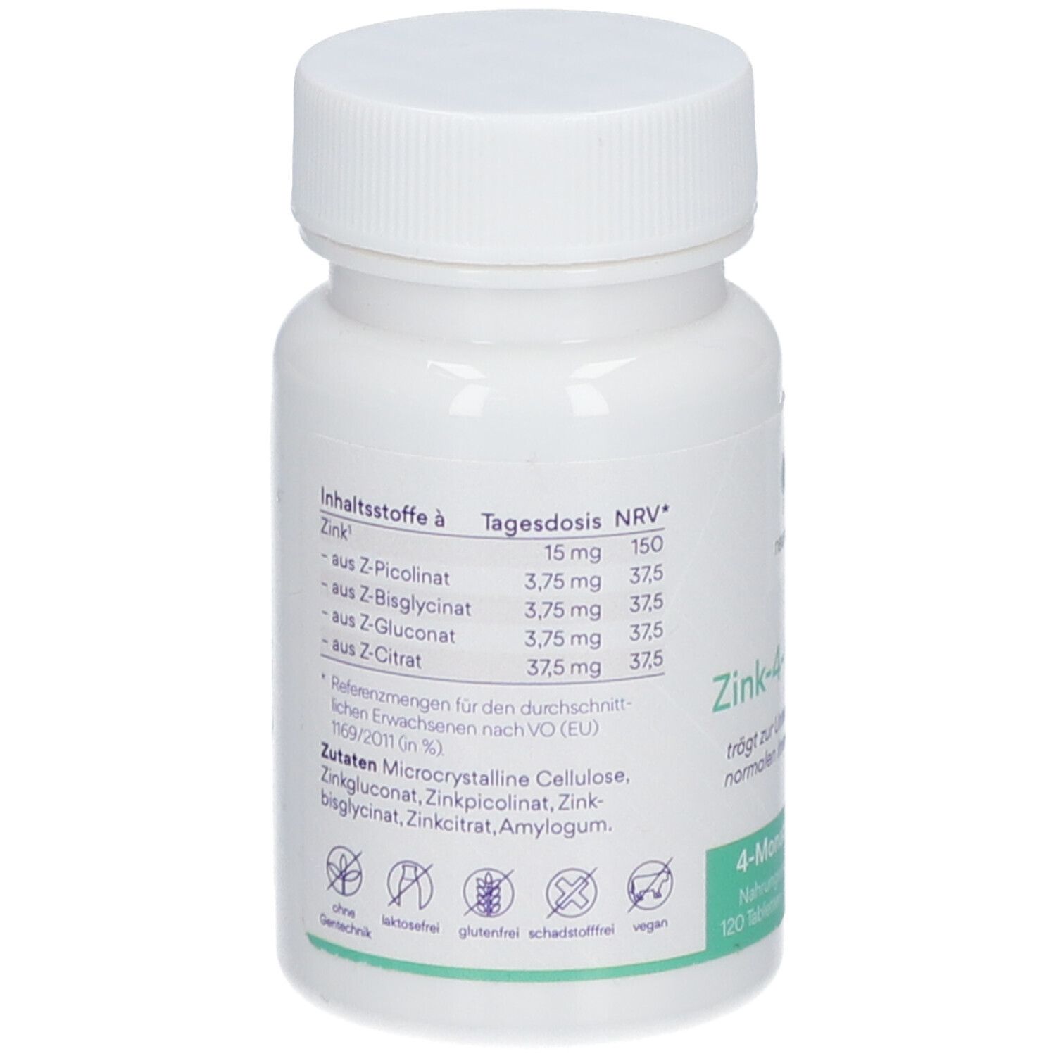 Rückseite der Tablettenflasche. Enthält Informationen zu Inhaltsstoffen und Nährwertangaben.