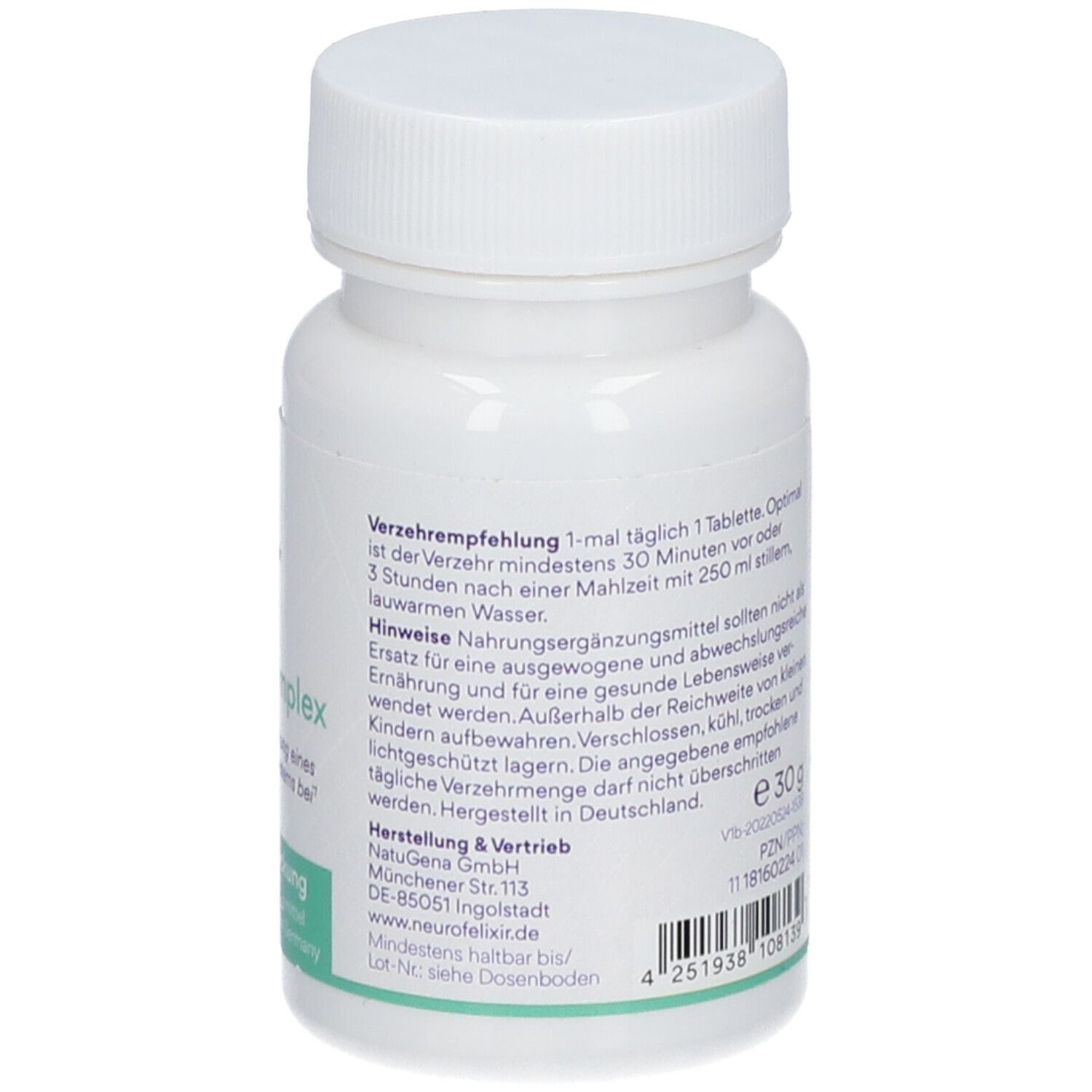 Tablettenflasche mit Etikett. Enthält Informationen zu Inhaltsstoffen und Dosierung.