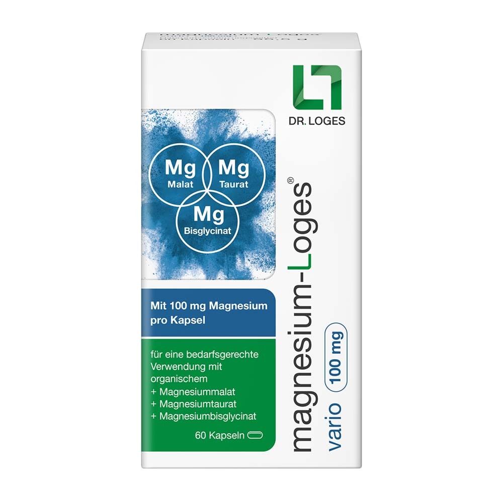 Magnesium-Loges® vario 100 mg Packung. Enthält Magnesiummalat, -taurat, -bisglycinat. 60 Kapseln.