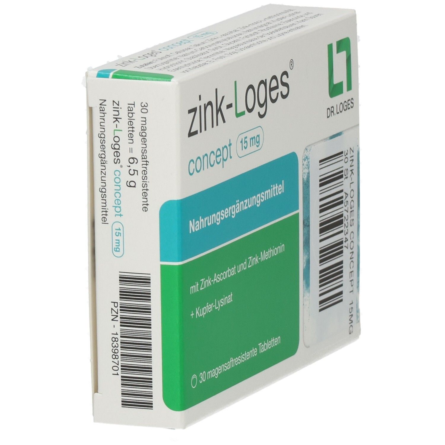 Schachtel zink-Loges concept 15 mg. Seitenansicht. Grün-weiße Farbgebung. Barcode. Dr. Loges Logo.